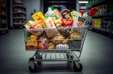shopping cart full of product in grocery store generative ai photo